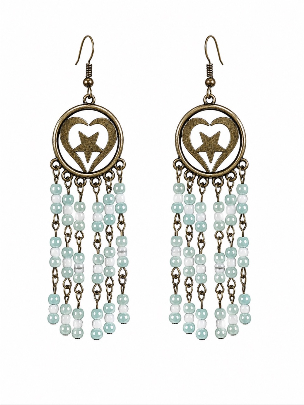 Boho Heart & Star Beaded Chandelier Dangle Earrings Seafoam Green & Antique Bron